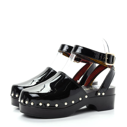 Chanel Patent Calfskin Pearl Ankle Strap Clogs 37 Black 3 of 10