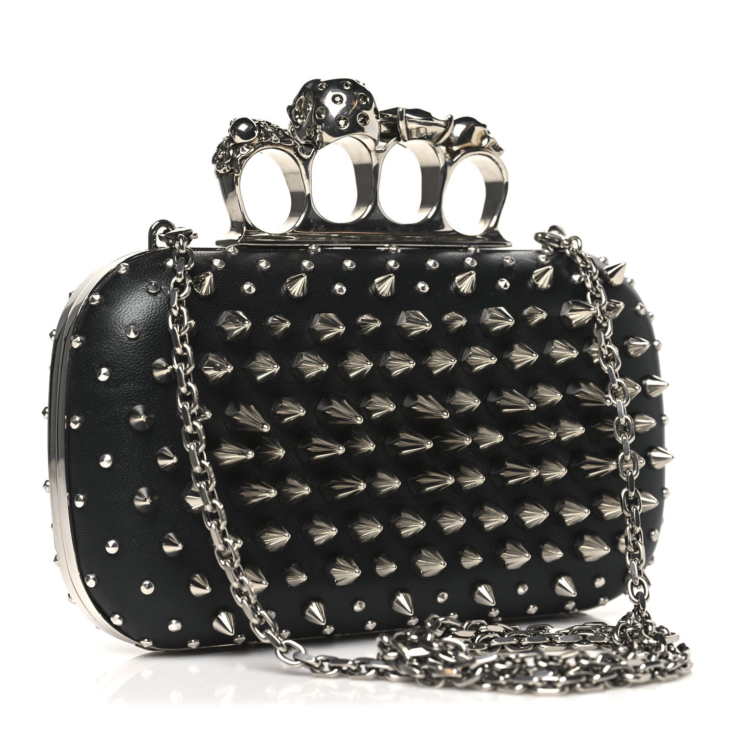 Calfskin Spike Studded Knuckle Box Clutch Black