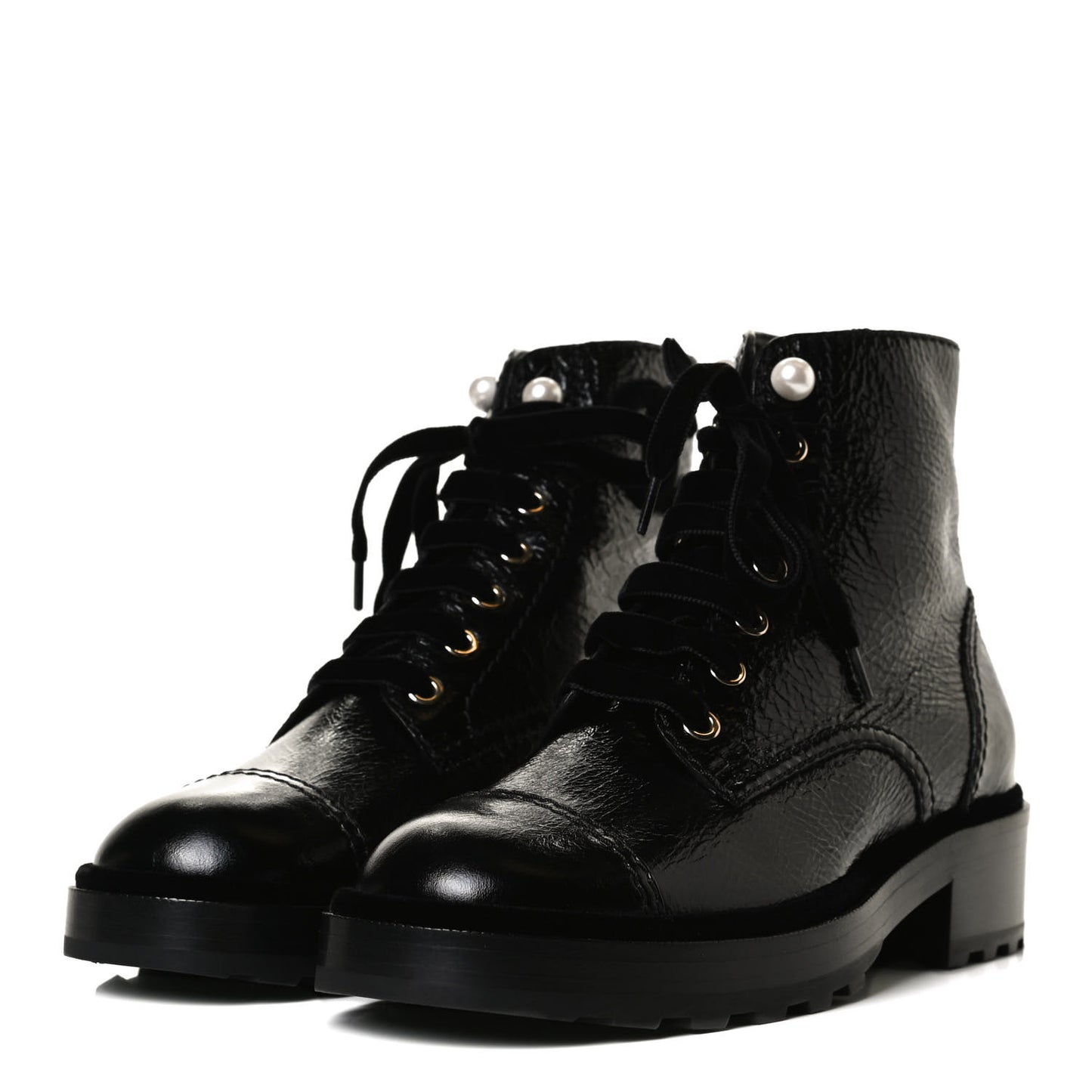 Shiny Calfskin Velvet Pearl Combat Short Boots 37 Black