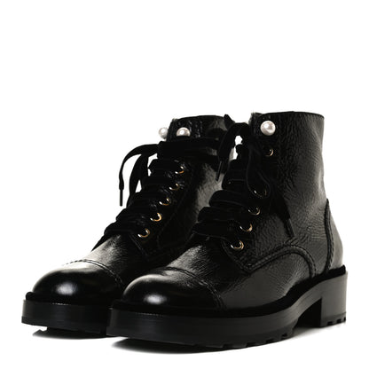 Chanel Shiny Calfskin Velvet Pearl Combat Short Boots 37 Black 3 of 12