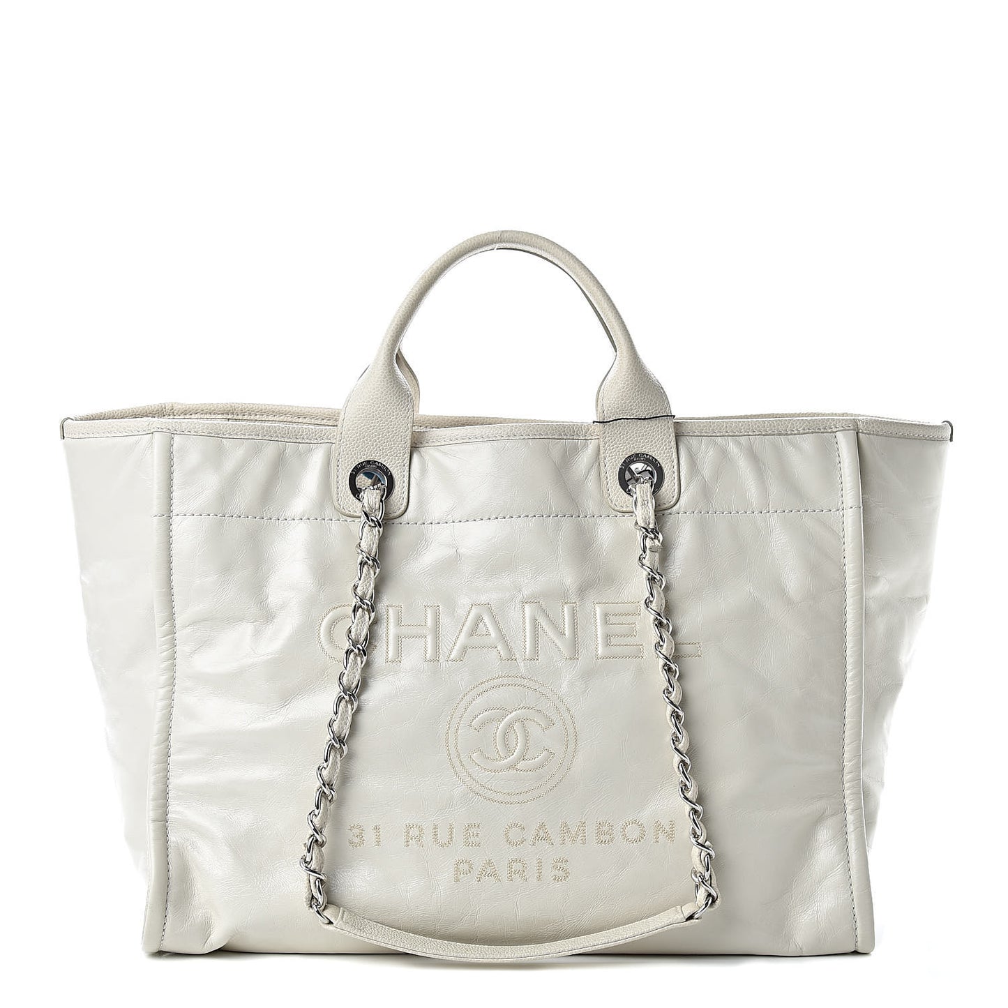 Glazed Calfskin Large Deauville Tote Ivory
