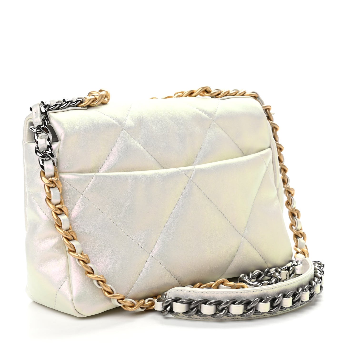 Iridescent Calfskin Quilted Medium Chanel 19 Flap White