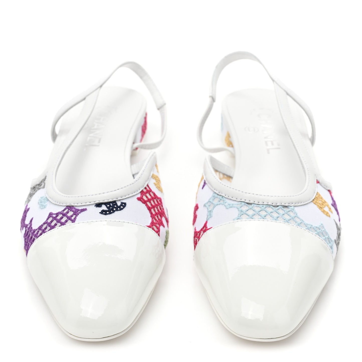 Cotton Guipure Patent Embroidered Floral Cap Toe CC Slingback Flats 39 White Multicolor