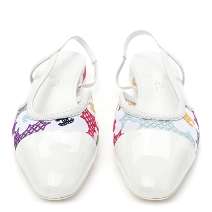 Chanel Cotton Guipure Patent Embroidered Floral Cap Toe CC Slingback Flats 39 White Multicolor 2 of 9