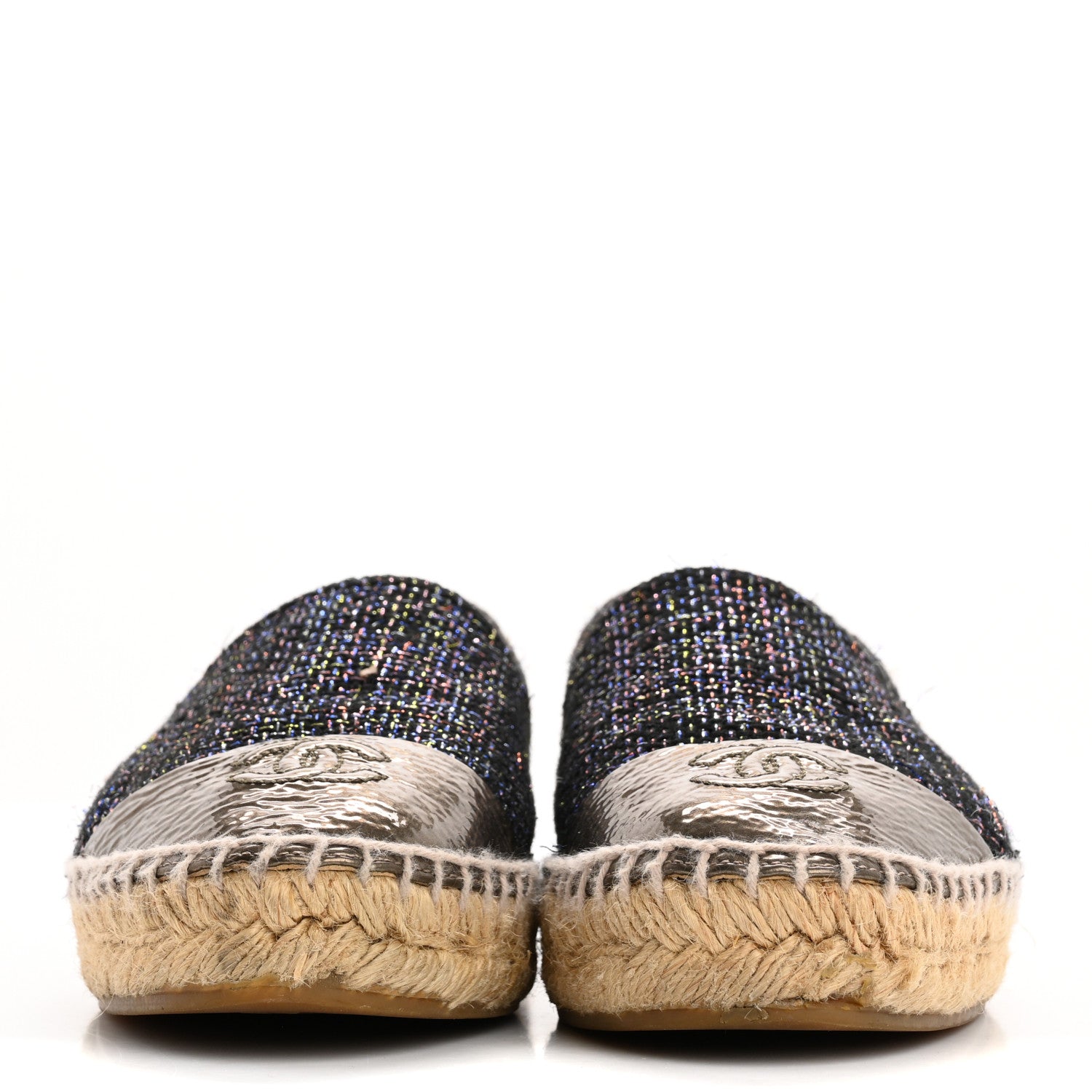 Chanel Metallic Tweed Patent CC Espadrilles 37 Black Silver 3 of 14