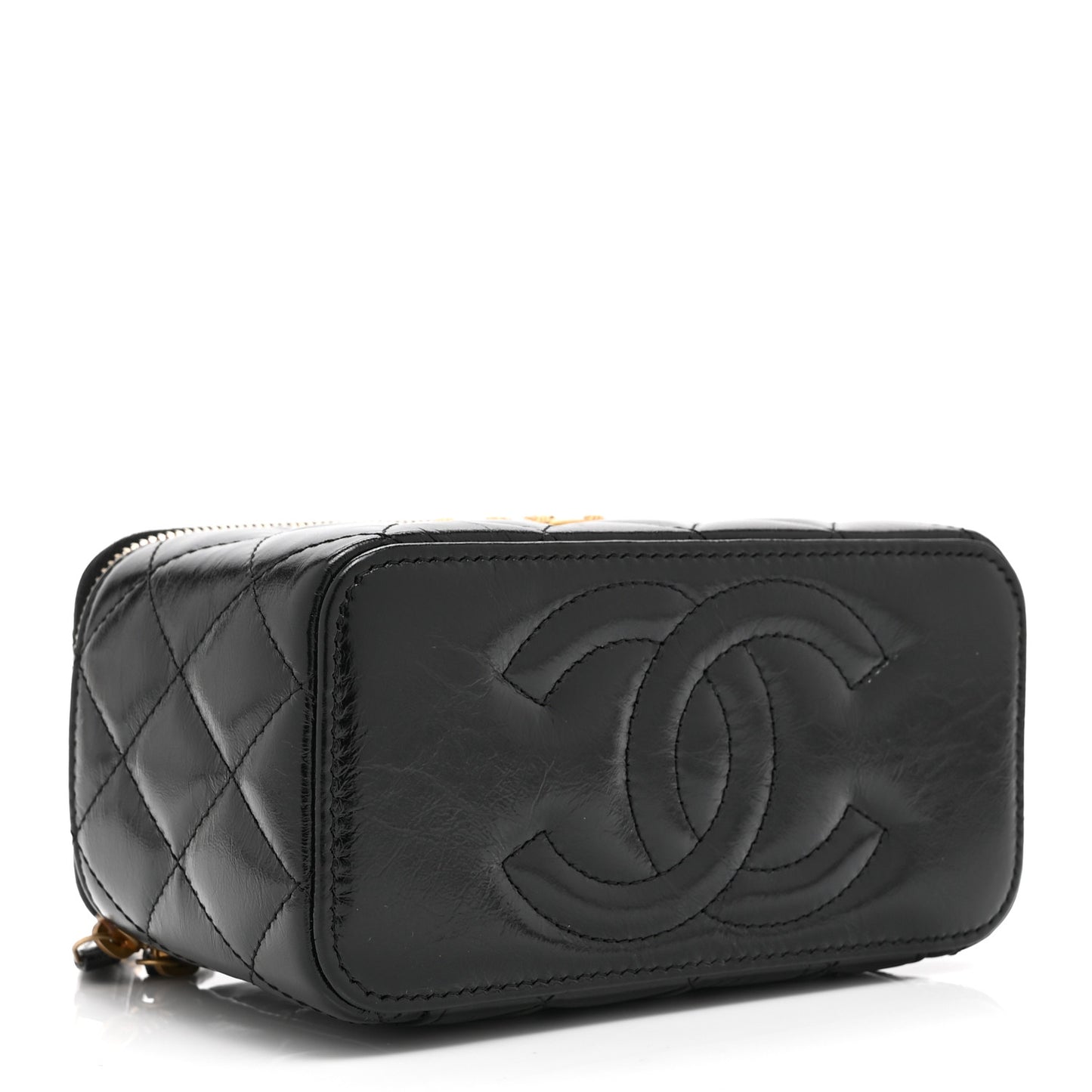Shiny Lambskin Quilted Small Vanity Case With Chain Black