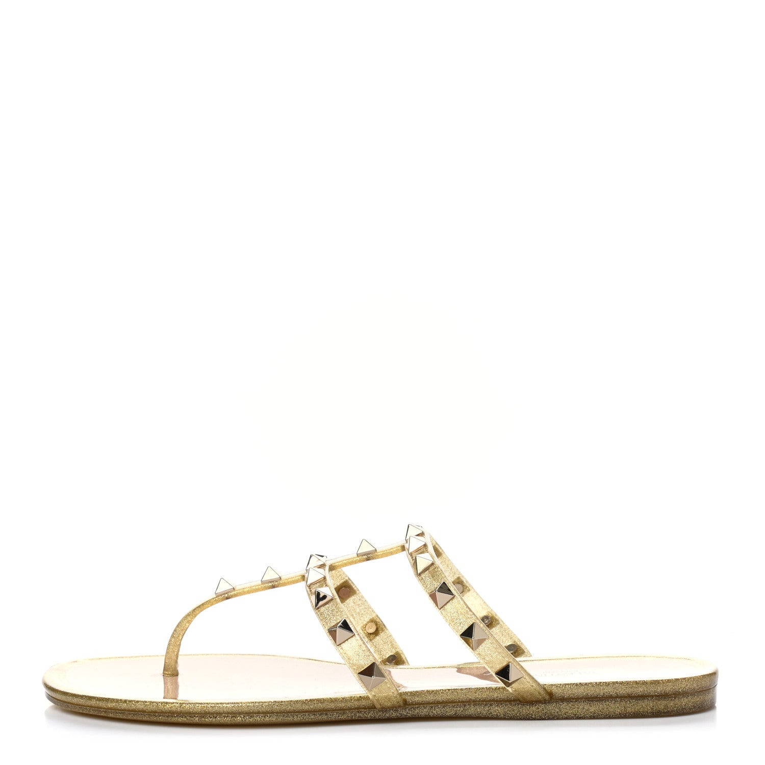 Valentino Garavani PVC Jelly Glitter Rockstud Caged Flat Thong Sandals 39 Oro 1 of 7
