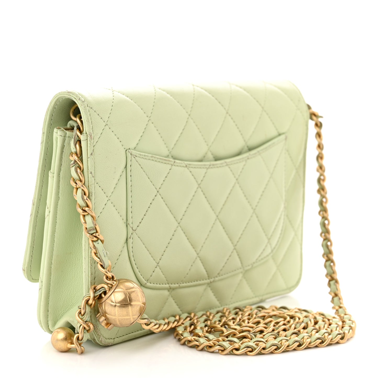 Lambskin Quilted CC Pearl Crush Wallet on Chain WOC Light Green Light Green