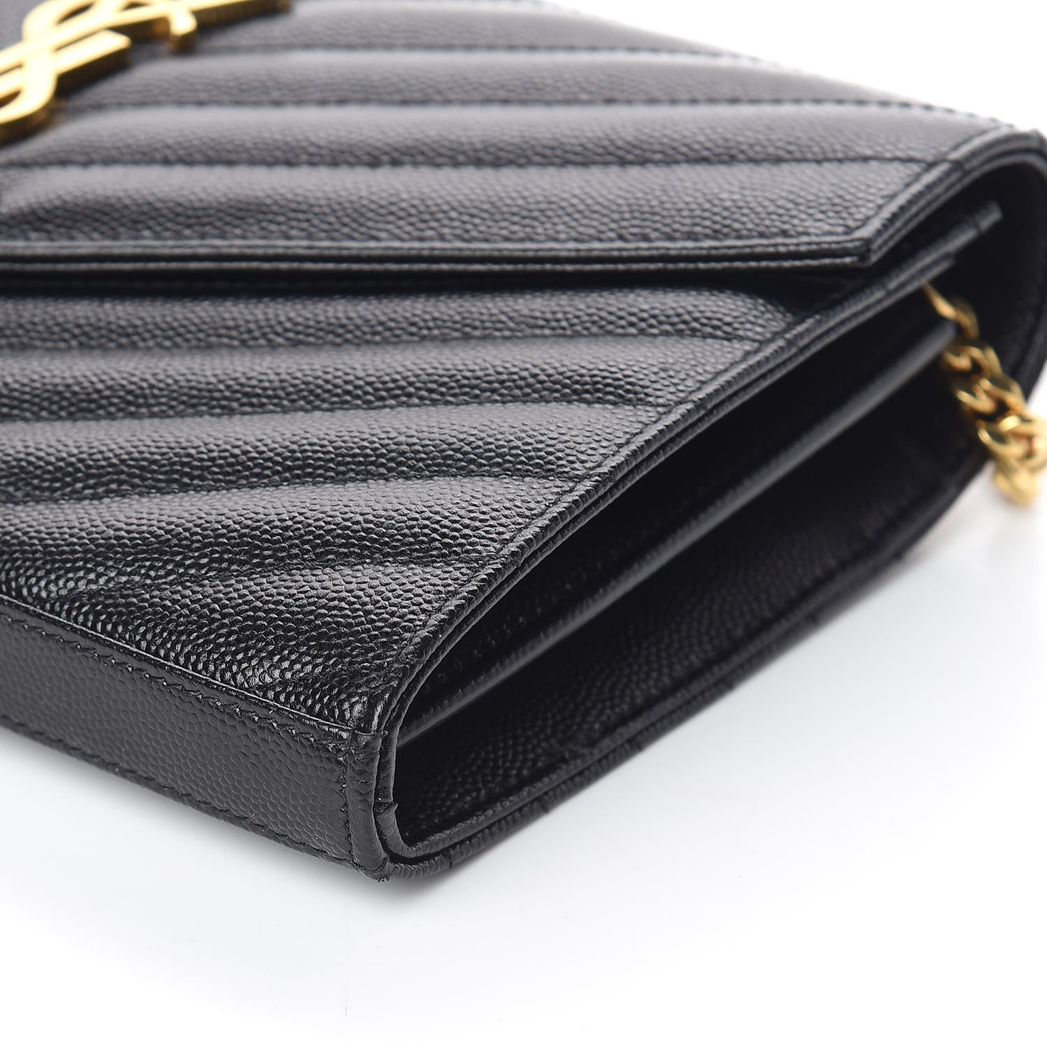 Saint Laurent Grain De Poudre Matelasse Chevron Monogram Chain Wallet Black 8 of 9