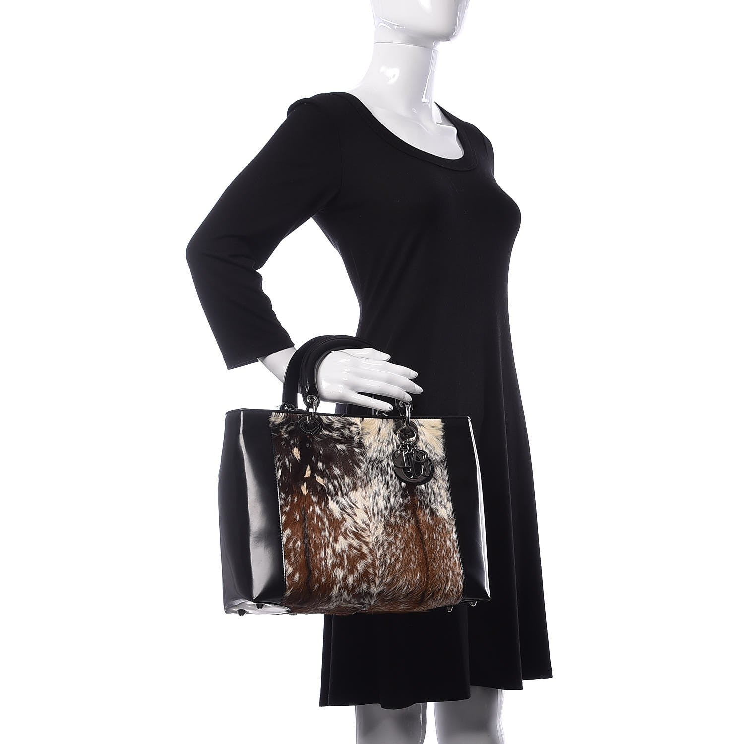 Christian Dior Patent Pony Hair Deer Print Large Lady Dior Black 3 of 9