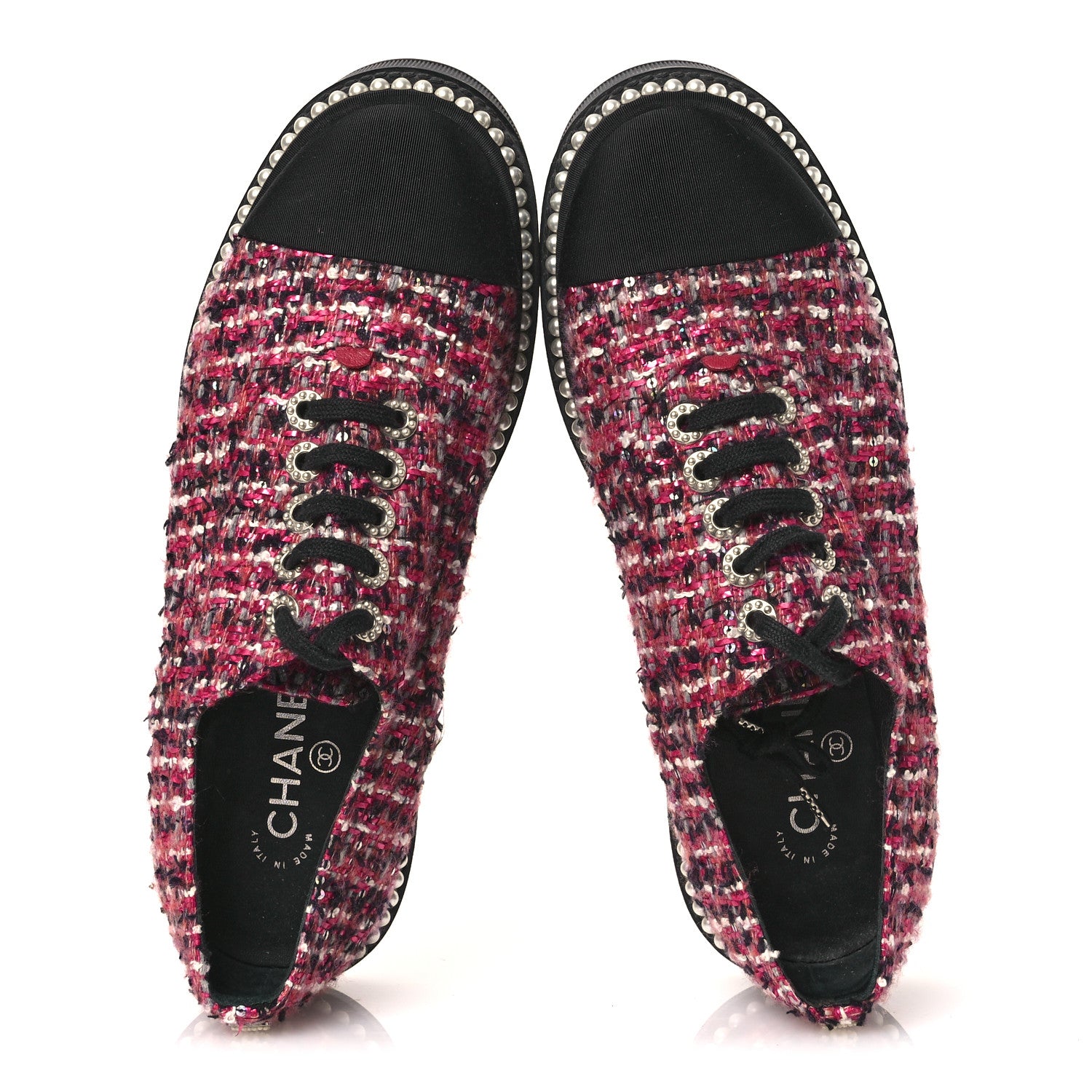 Chanel Tweed Grosgrain Sequin Pearl Lace Up Sneakers 40 Black Pink 2 of 11