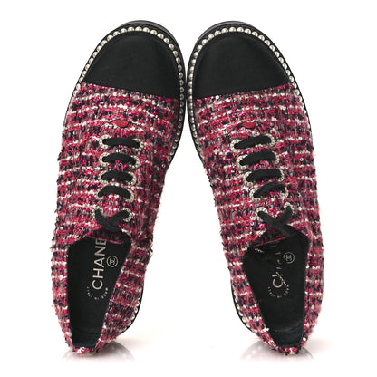Chanel Tweed Grosgrain Sequin Pearl Lace Up Sneakers 40 Black Pink 2 of 11