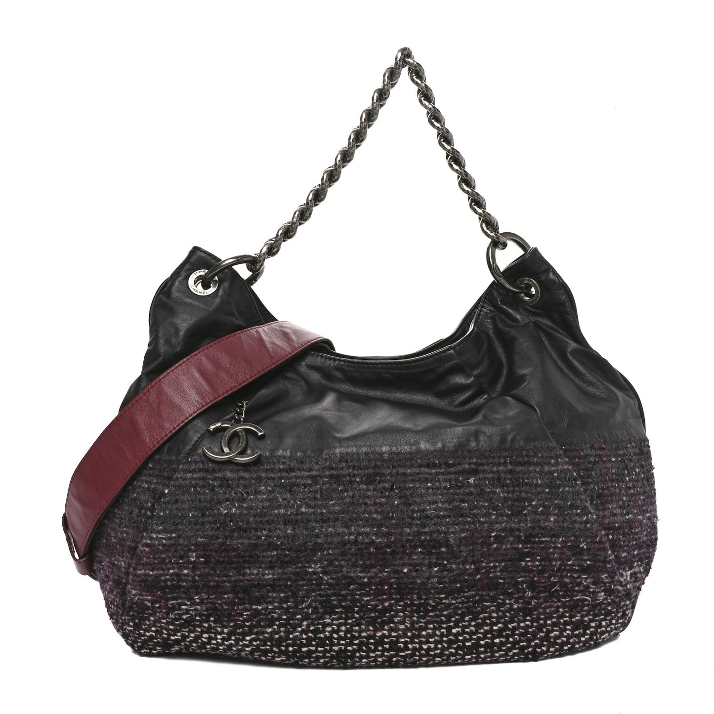 Calfskin Tweed Coco Pleats Hobo Black Burgundy