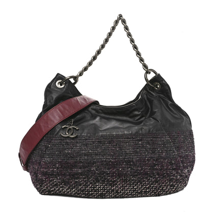 Chanel Calfskin Tweed Coco Pleats Hobo Black Burgundy 1 of 10