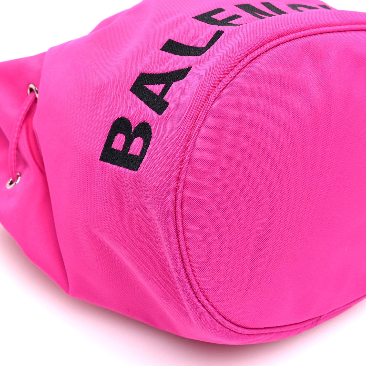 Balenciaga Recycled Sport Nylon Logo Embroidered Small Wheel Drawstring Bucket Bag Fluo Pink Black 9 of 10