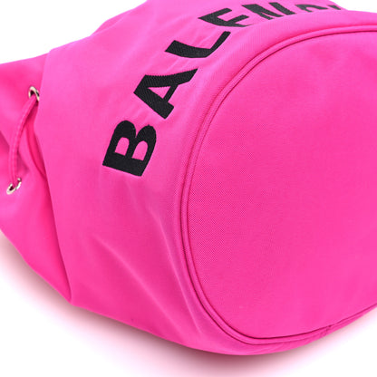 Balenciaga Recycled Sport Nylon Logo Embroidered Small Wheel Drawstring Bucket Bag Fluo Pink Black 9 of 10