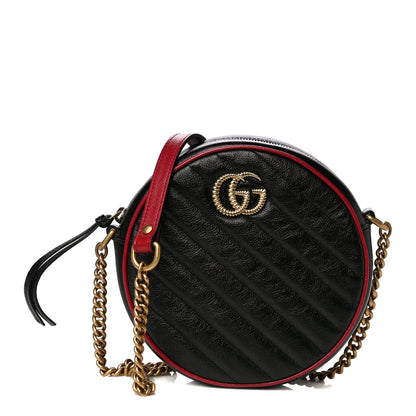 Gucci Vintage Effect Calfskin Matelasse Diagonal Mini Torchon GG Marmont Round Shoulder Bag Black Romantic Cherry 1 of 11