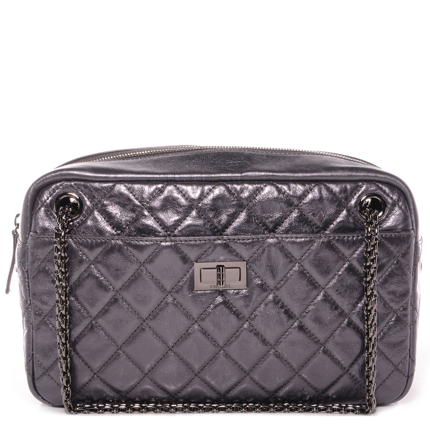 Metallic Aged Calfskin Quilted Medium Reissue Camera Case Dark Silver