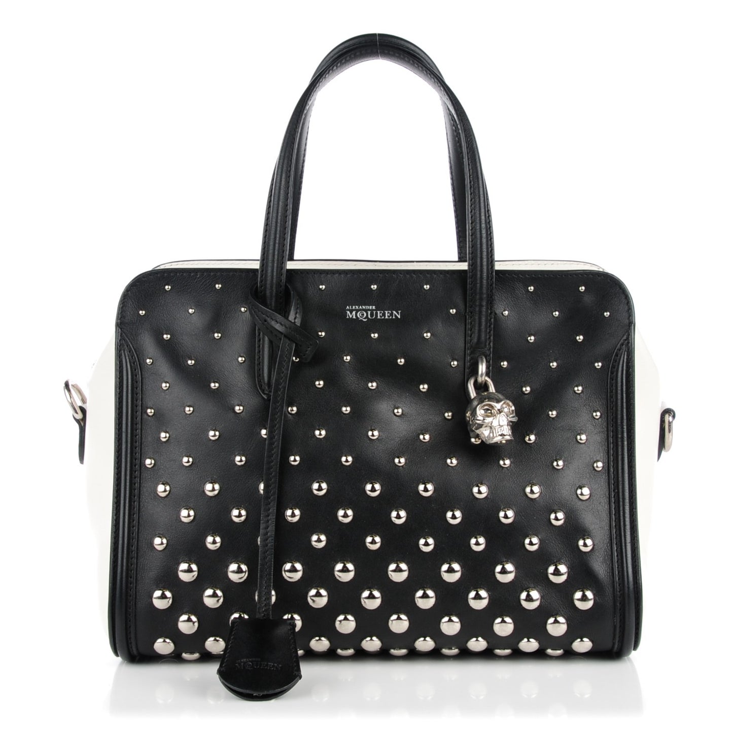 Calfskin Studded Small Padlock Tote Black White