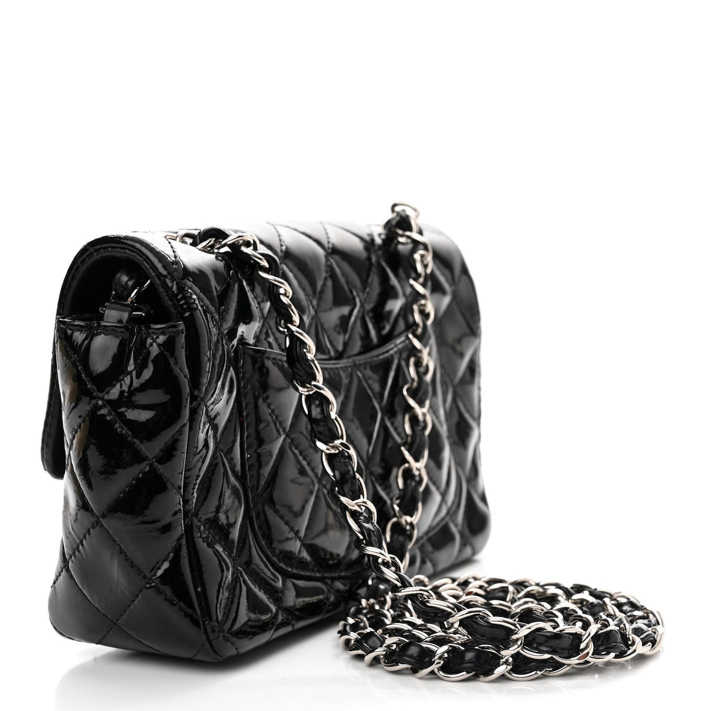 Patent Calfskin Quilted Mini Rectangular Flap Black