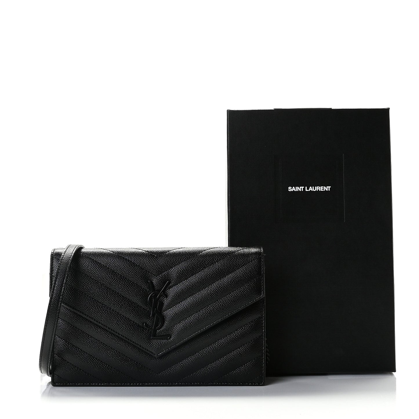 Grain De Poudre Matelasse Chevron Monogram Envelope Chain Wallet Black