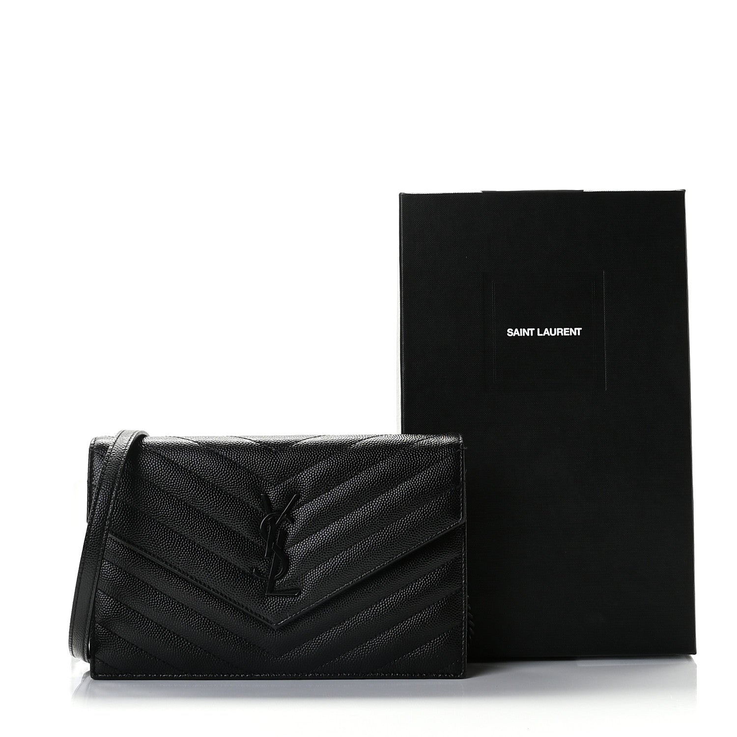 Saint Laurent Grain De Poudre Matelasse Chevron Monogram Envelope Chain Wallet Black 13 of 13