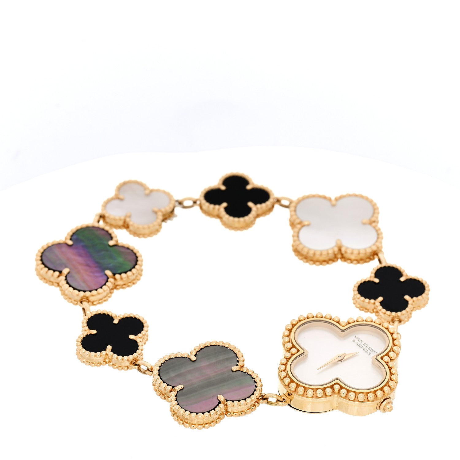 Van Cleef & Arpels 18K Yellow Gold Mother of Pearl Black Onyx 26mm Alhambra Quartz Watch 2 of 5