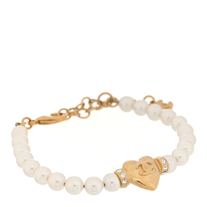 Chanel Pearl Crystal CC Heart Bracelet  Gold Pearly White 1 of 5