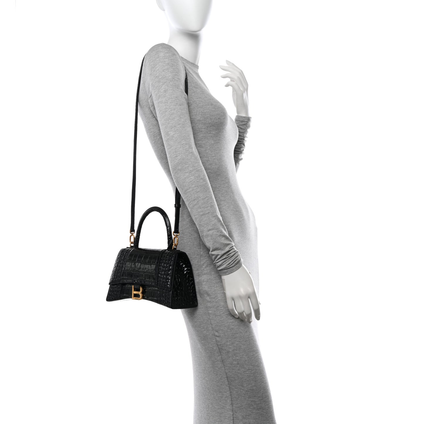 Shiny Calfskin Crocodile Embossed Small Hourglass Top Handle Bag Black