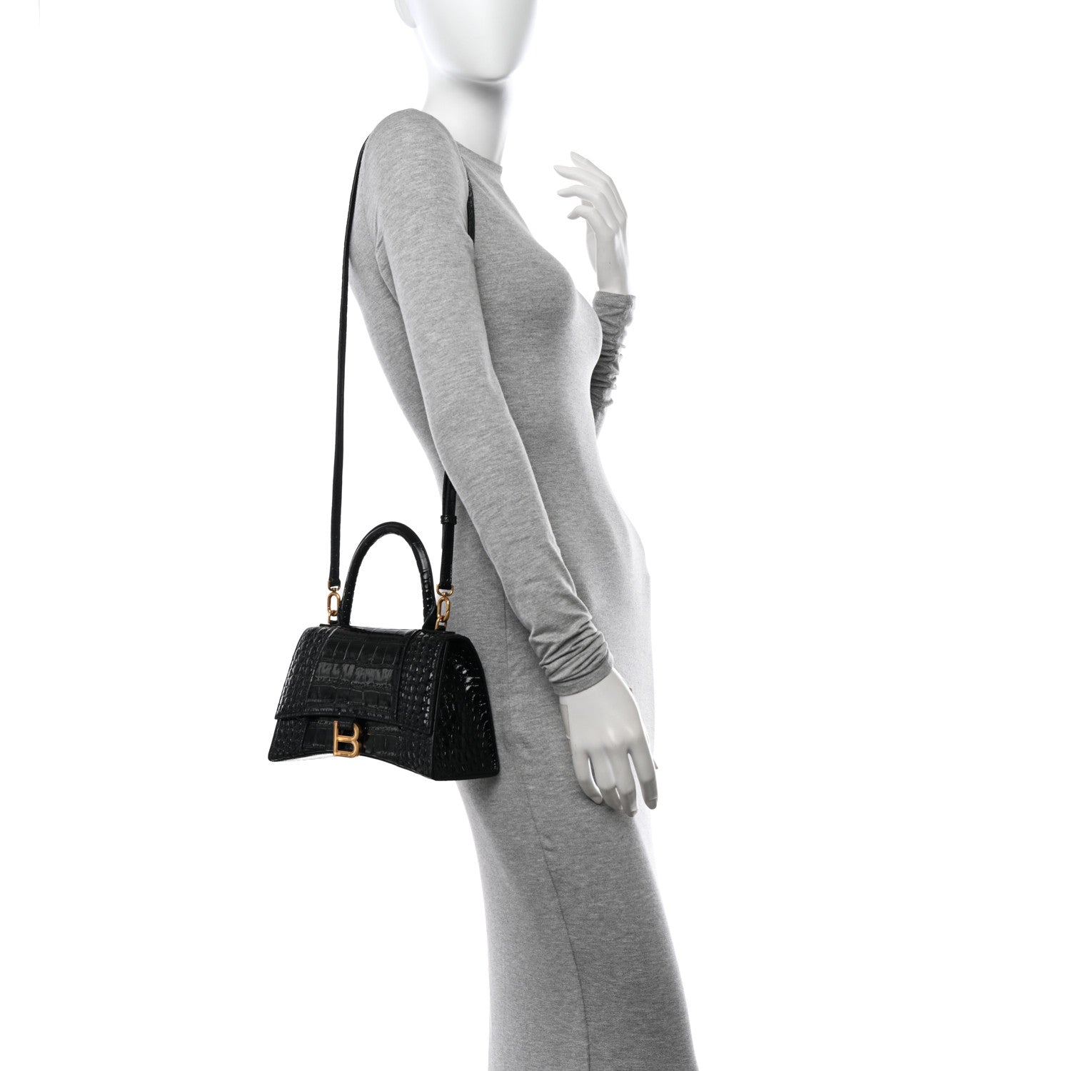 Balenciaga Shiny Calfskin Crocodile Embossed Small Hourglass Top Handle Bag Black 2 of 13