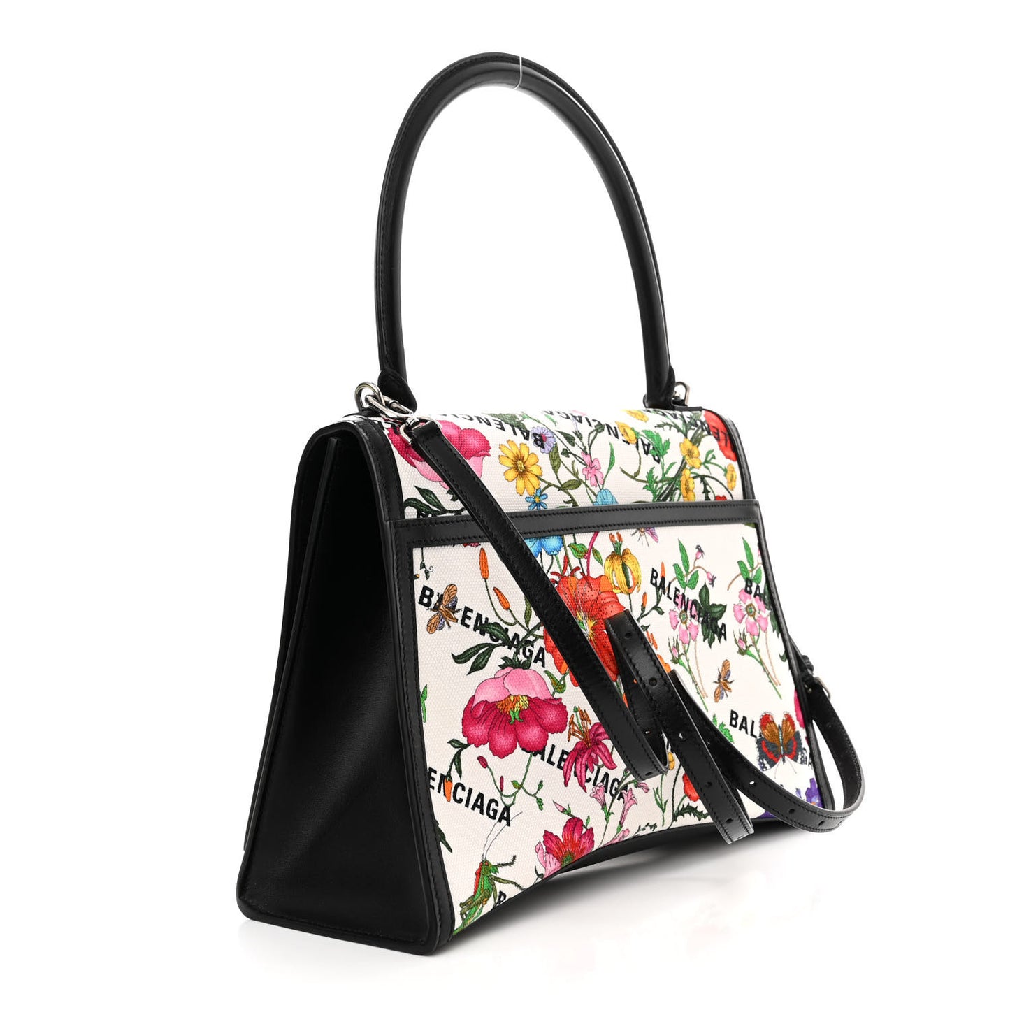 X GUCCI Canvas Boarded Pluton Calfskin Flora Logo Print Medium Hourglass Top Handle Bag White Multicolor Black