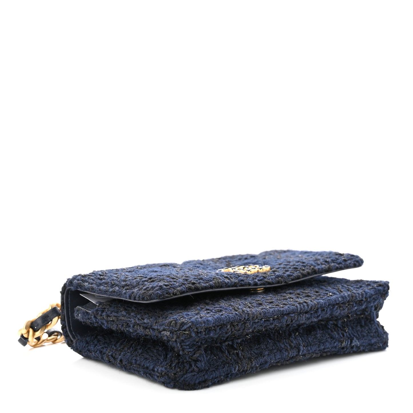 Wool Tweed Lambskin Quilted Chanel 19 Wallet On Chain WOC Navy