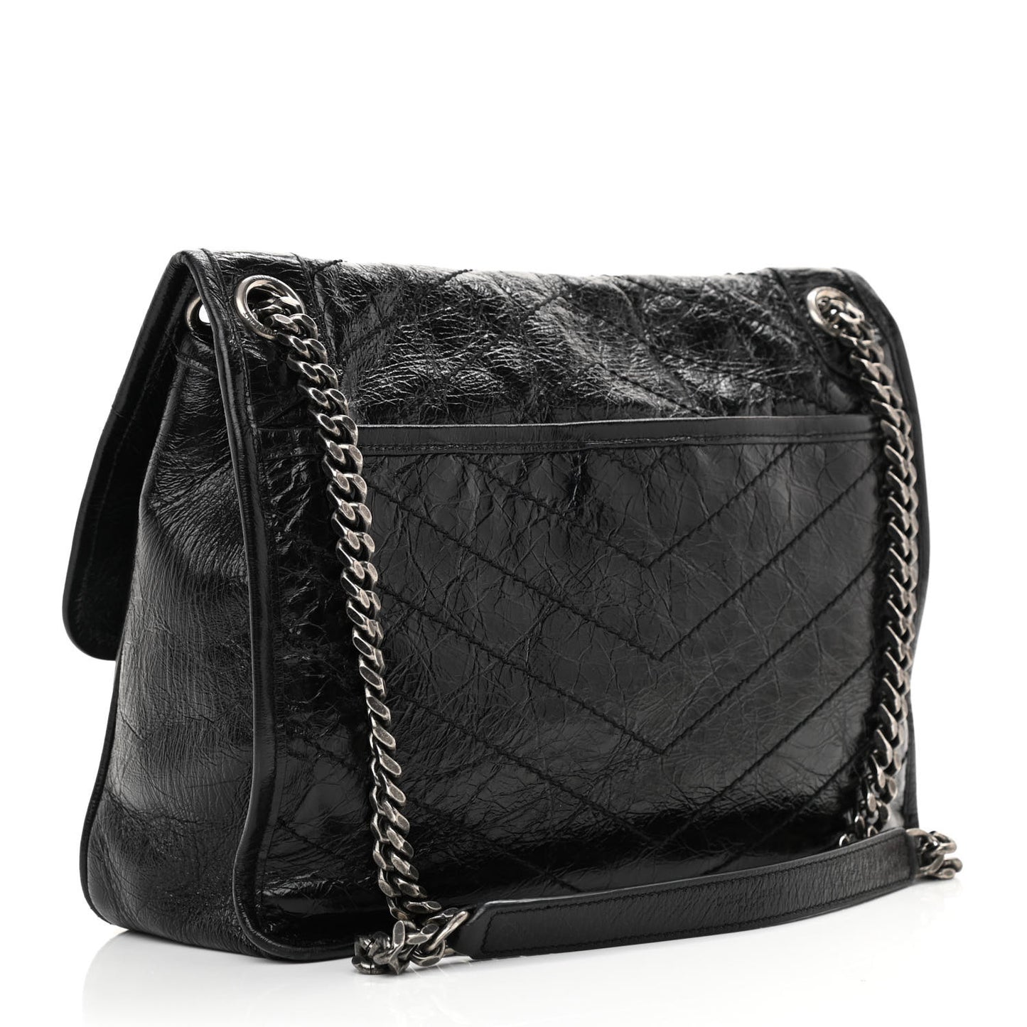 Crinkled Calfskin Matelasse Monogram Medium Niki Chain Satchel Black