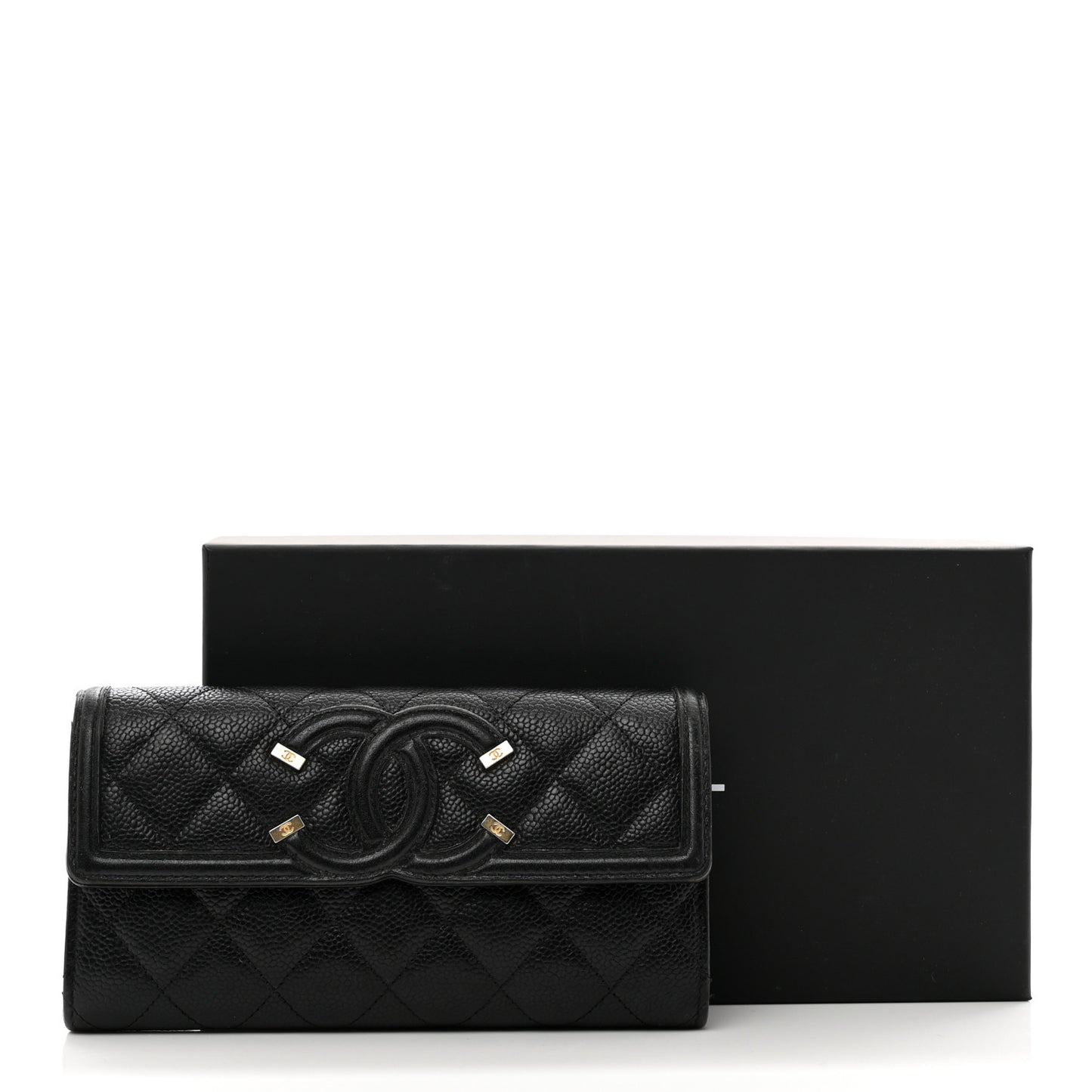 Caviar Quilted Filigree Large Gusset Flap Wallet Black