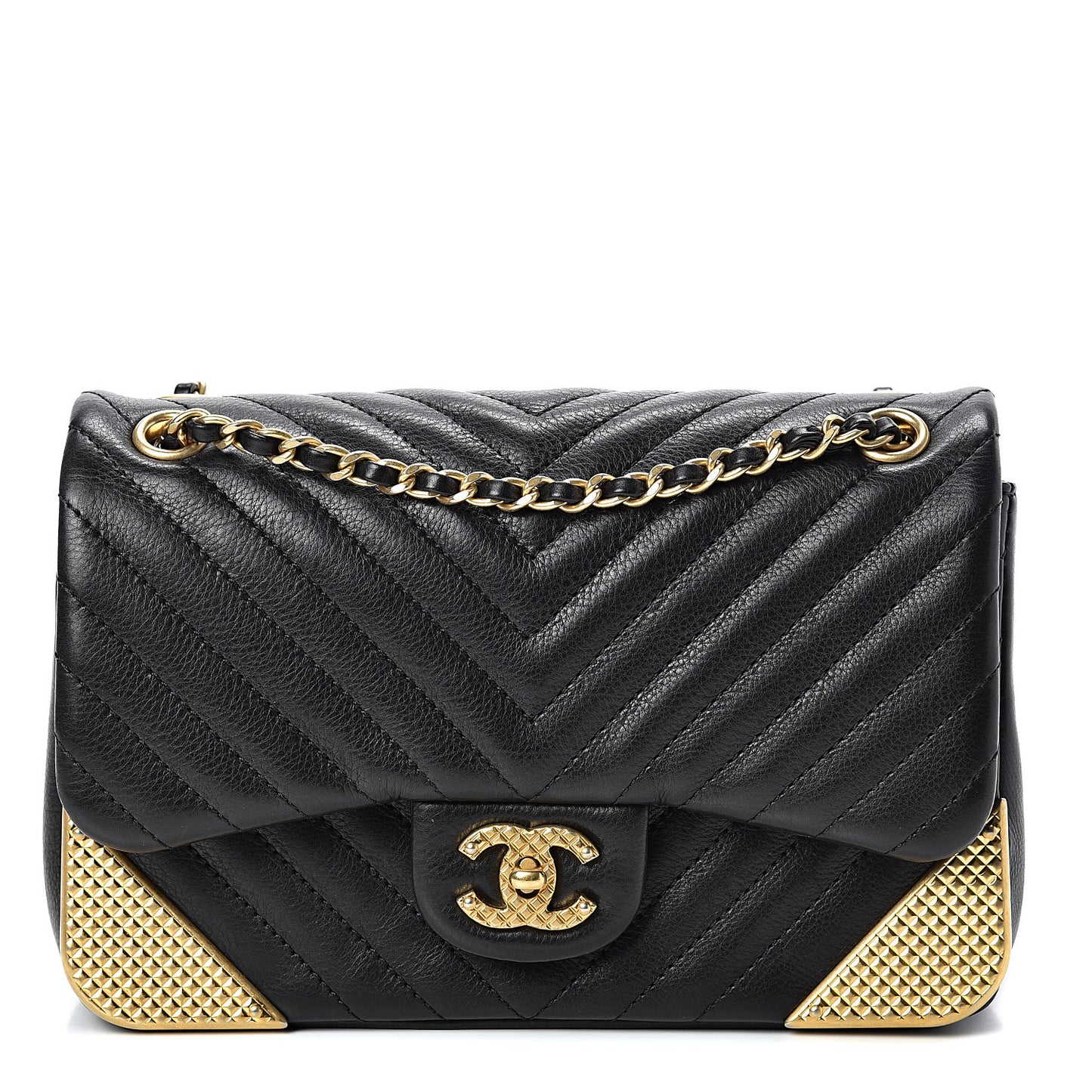 Calfskin Chevron Quilted Mini Rock The Corner Flap Black