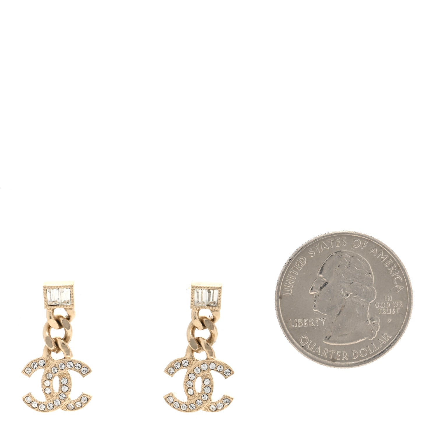 Chanel Metal Crystal Baguette CC Chain Drop Earrings Gold 2 of 5