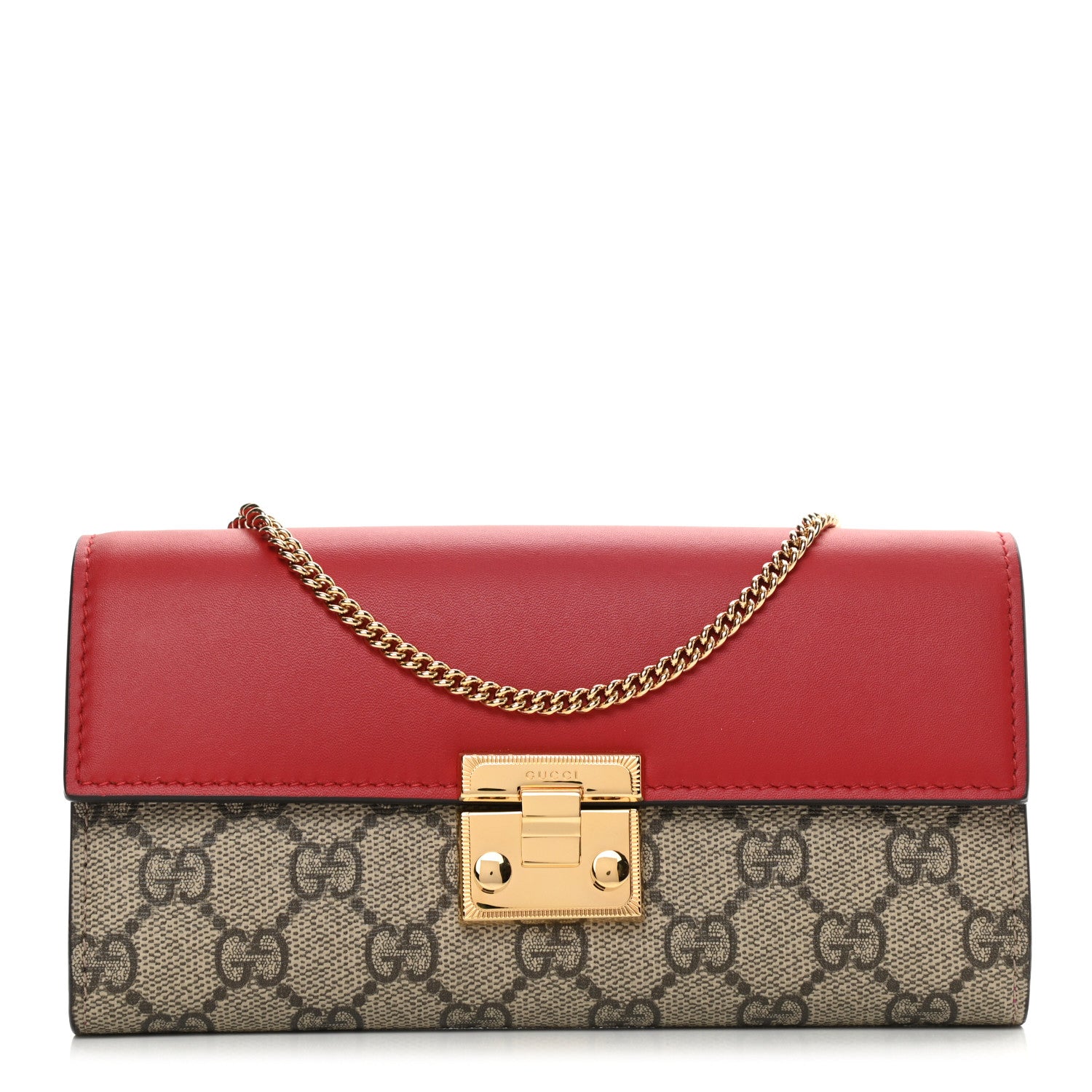 Gucci GG Supreme Monogram Moon Calfskin Padlock Continental Chain Wallet Beige Ebony Hibiscus Red New Rosette 1 of 12