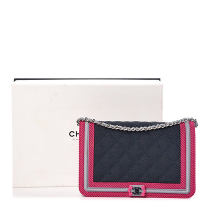 Chanel Canvas Quilted Fluo Boy Wallet On Chain WOC Dark Navy Fuchsia Grey 11 of 11