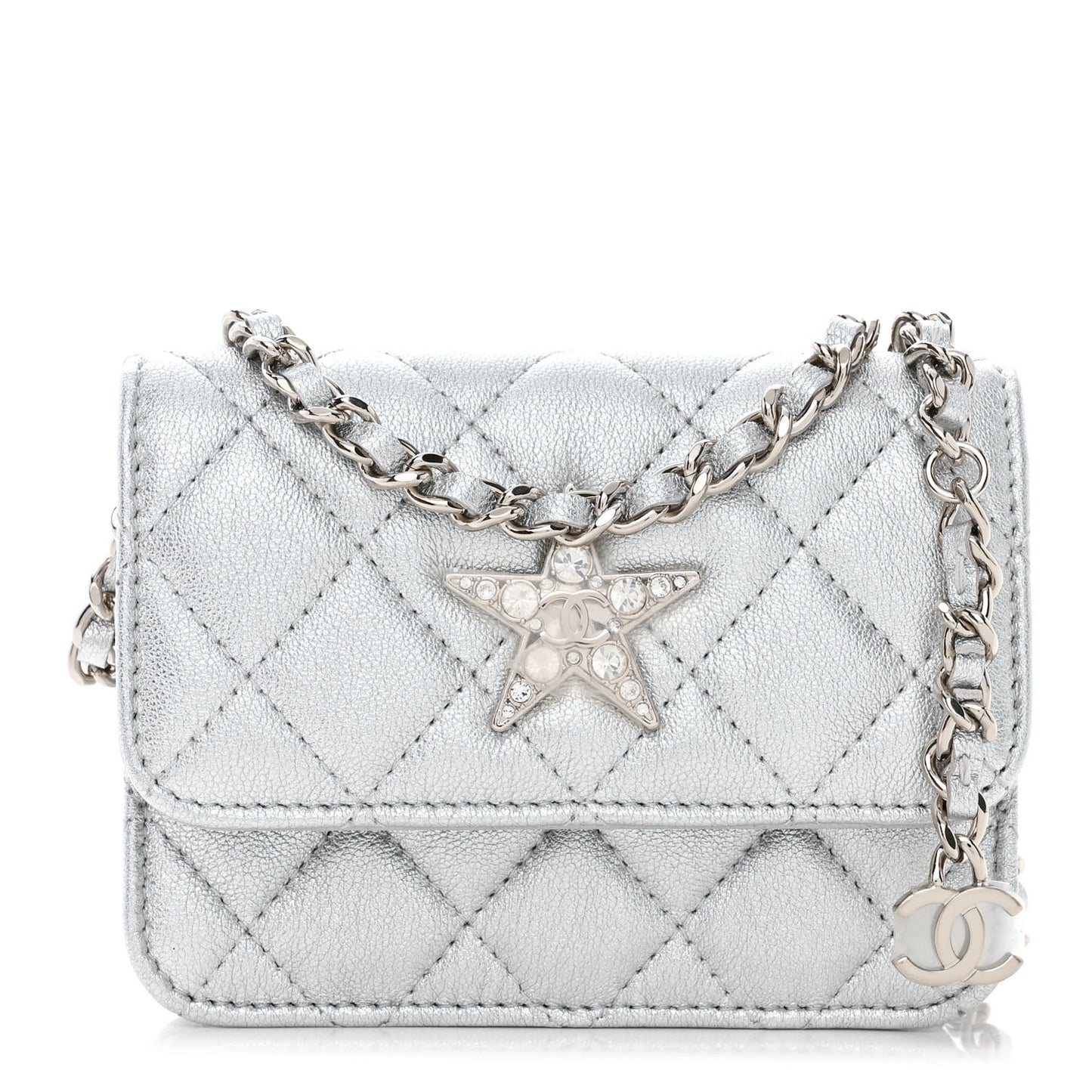 Metallic Goatskin Quilted Star Flap Waist Belt Bag Silver
