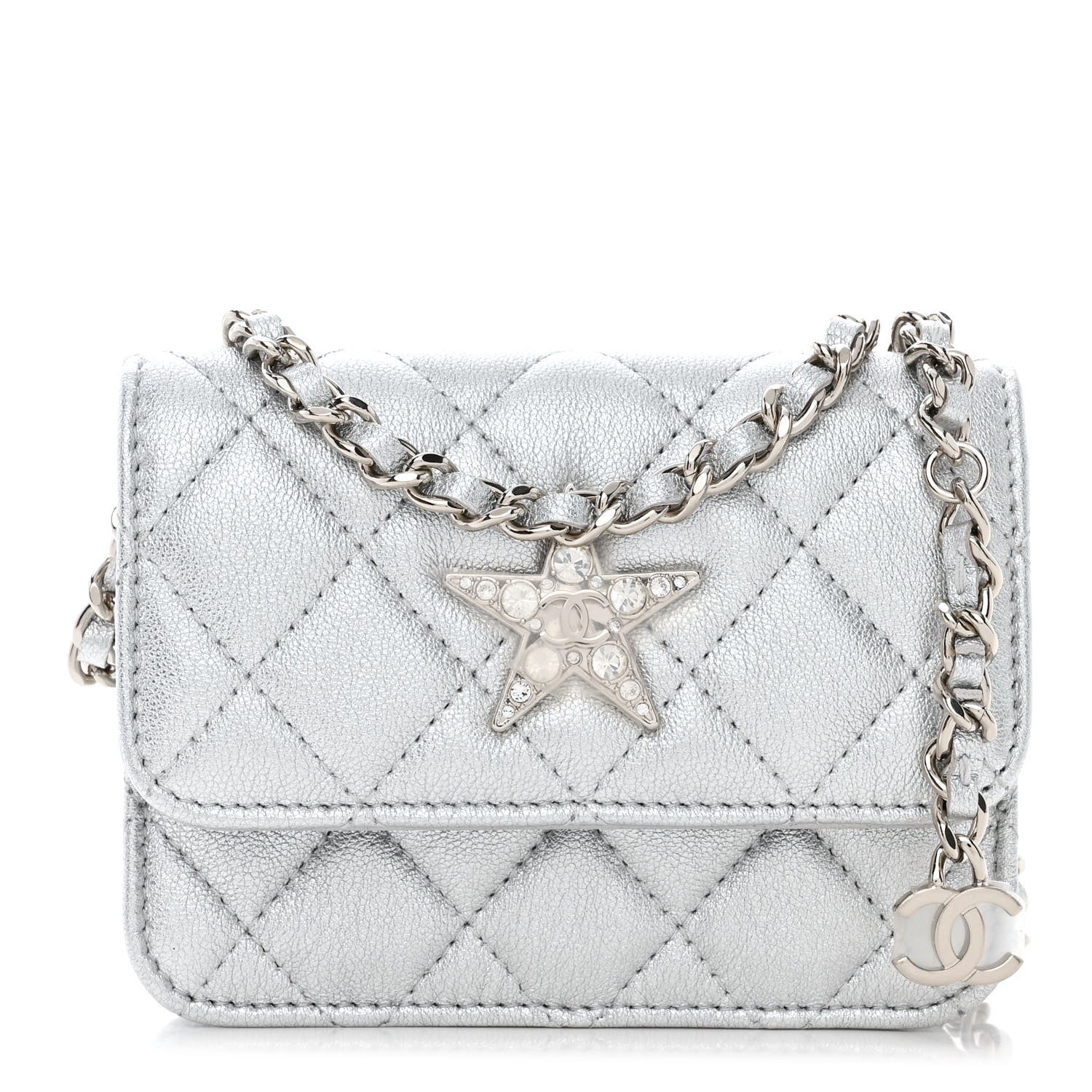 Chanel Metallic Goatskin Quilted Star Flap Waist Belt Bag Silver 1 of 13