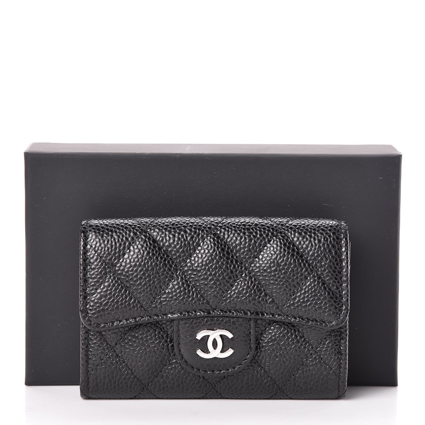 Caviar Quilted Flap Card Holder Wallet Black