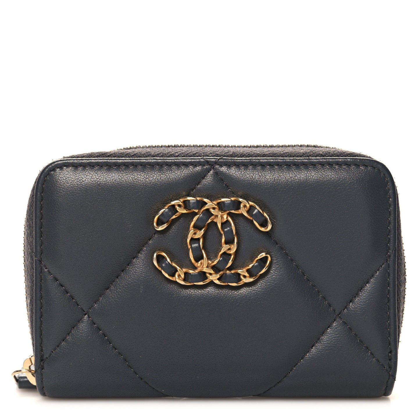 Lambskin Quilted Chanel 19 Zip Around Coin Purse Wallet Grey