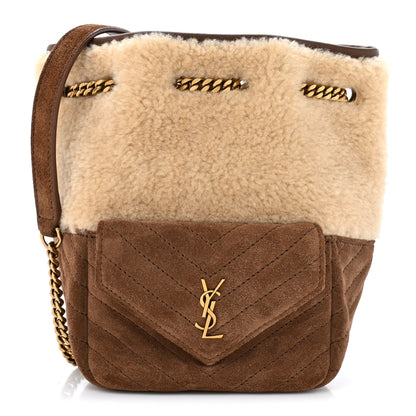 Saint Laurent Shearling Suede Monogram Joe Nano Bucket Bag Dark Cigar Natural Beige 1 of 10