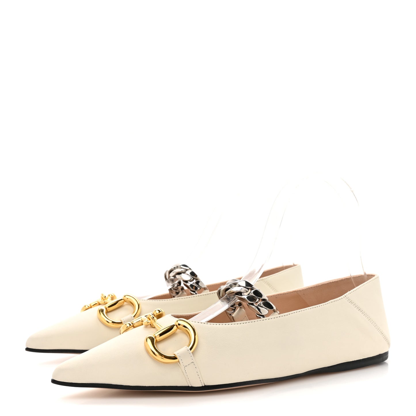 Nappa Lumiere Deva Horsebit Chain Embellished Flats 35.5 Dusty White