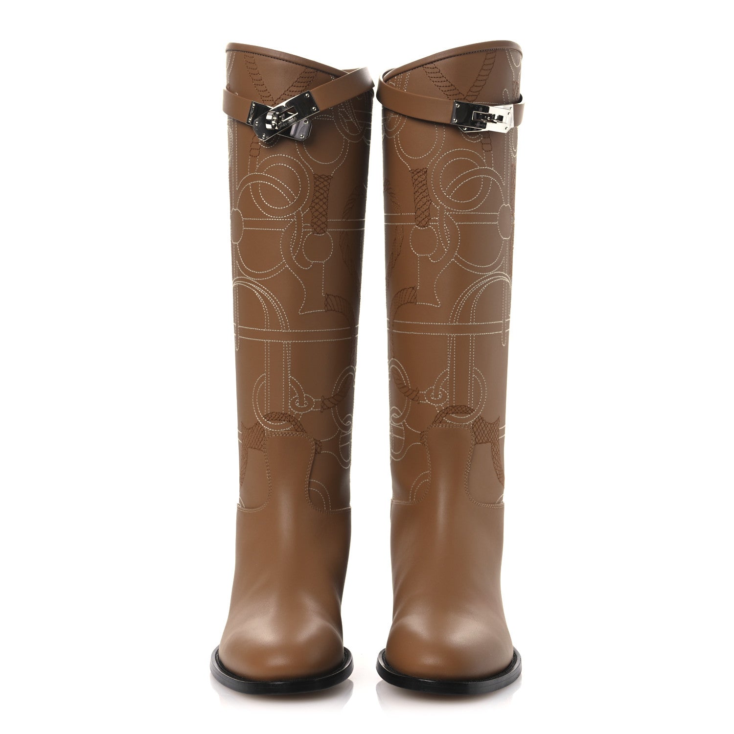 Hermes Calfskin Embroidered Kelly Panoplie Equestre Jumping Boots 37 Naturel 3 of 12