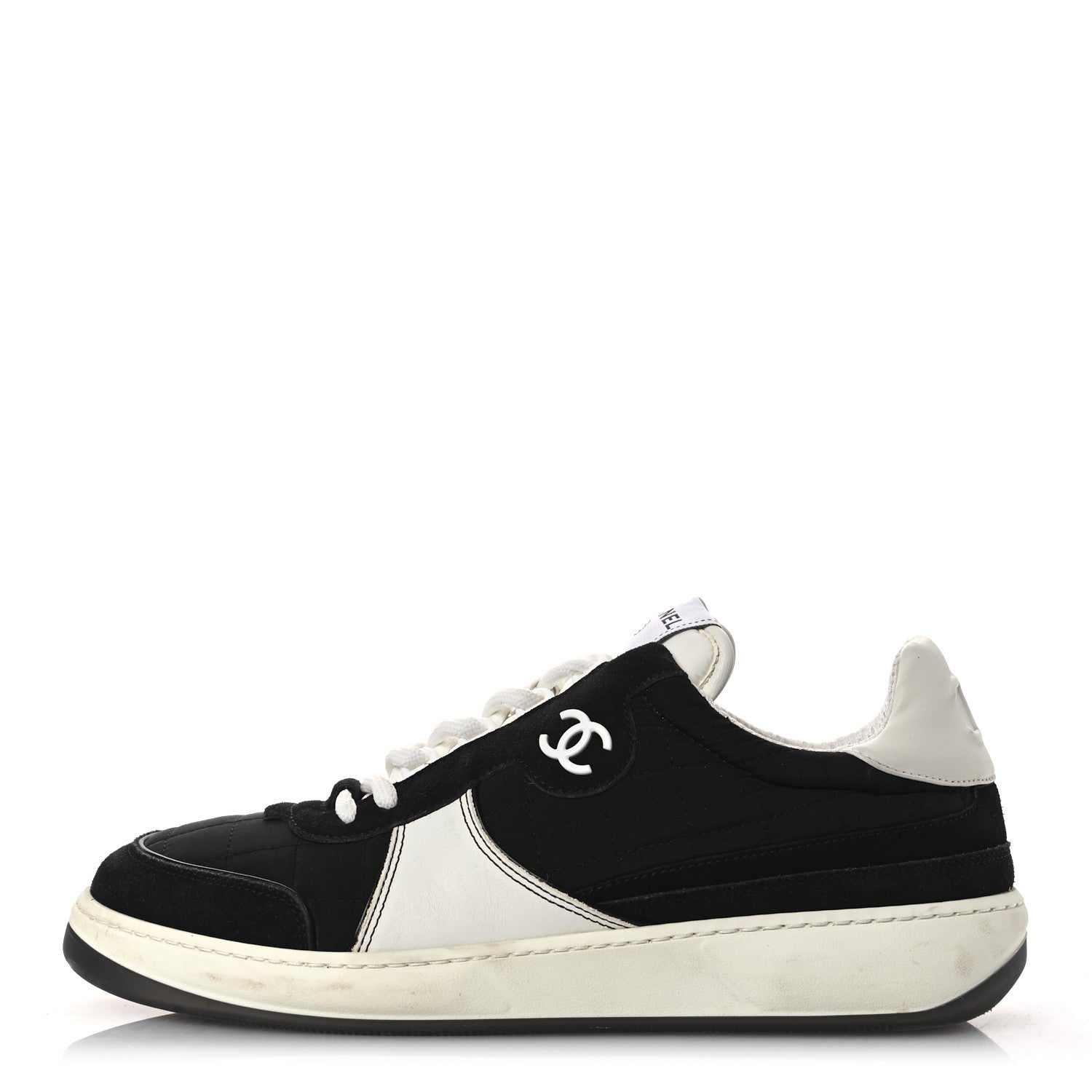 Chanel Suede Fabric Calfskin Womens CC Sneakers 41 Black White 1 of 13