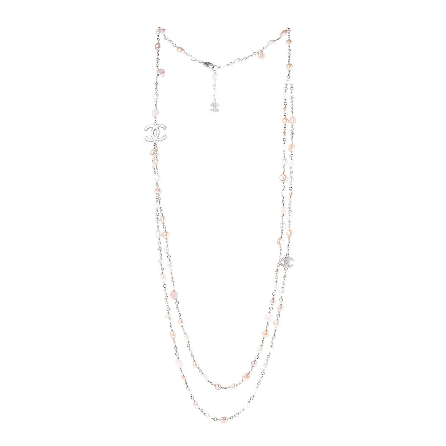 Crystal Pearl CC Long Necklace Light Gold Pink