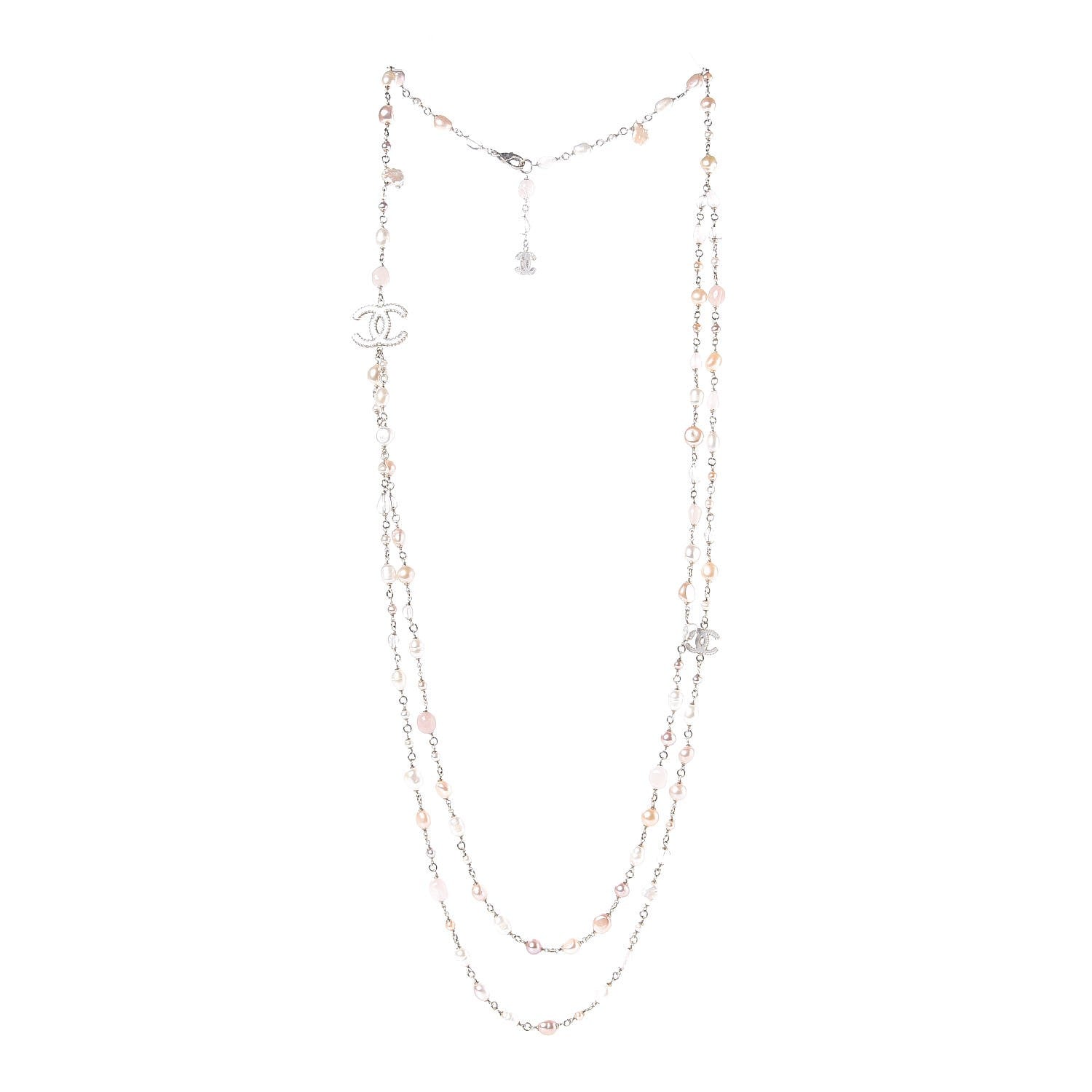 Chanel Crystal Pearl CC Long Necklace Light Gold Pink 3 of 5