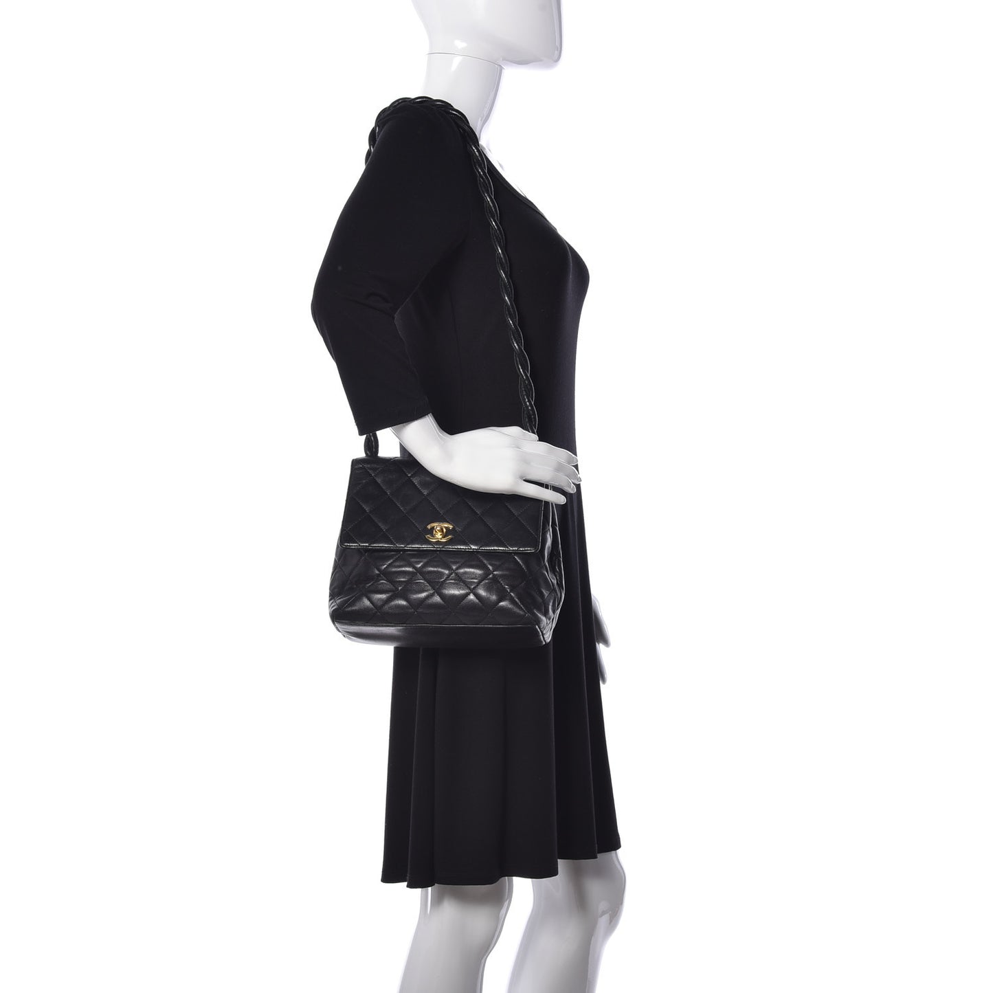 Lambskin Quilted Medium Braided Single Flap Black