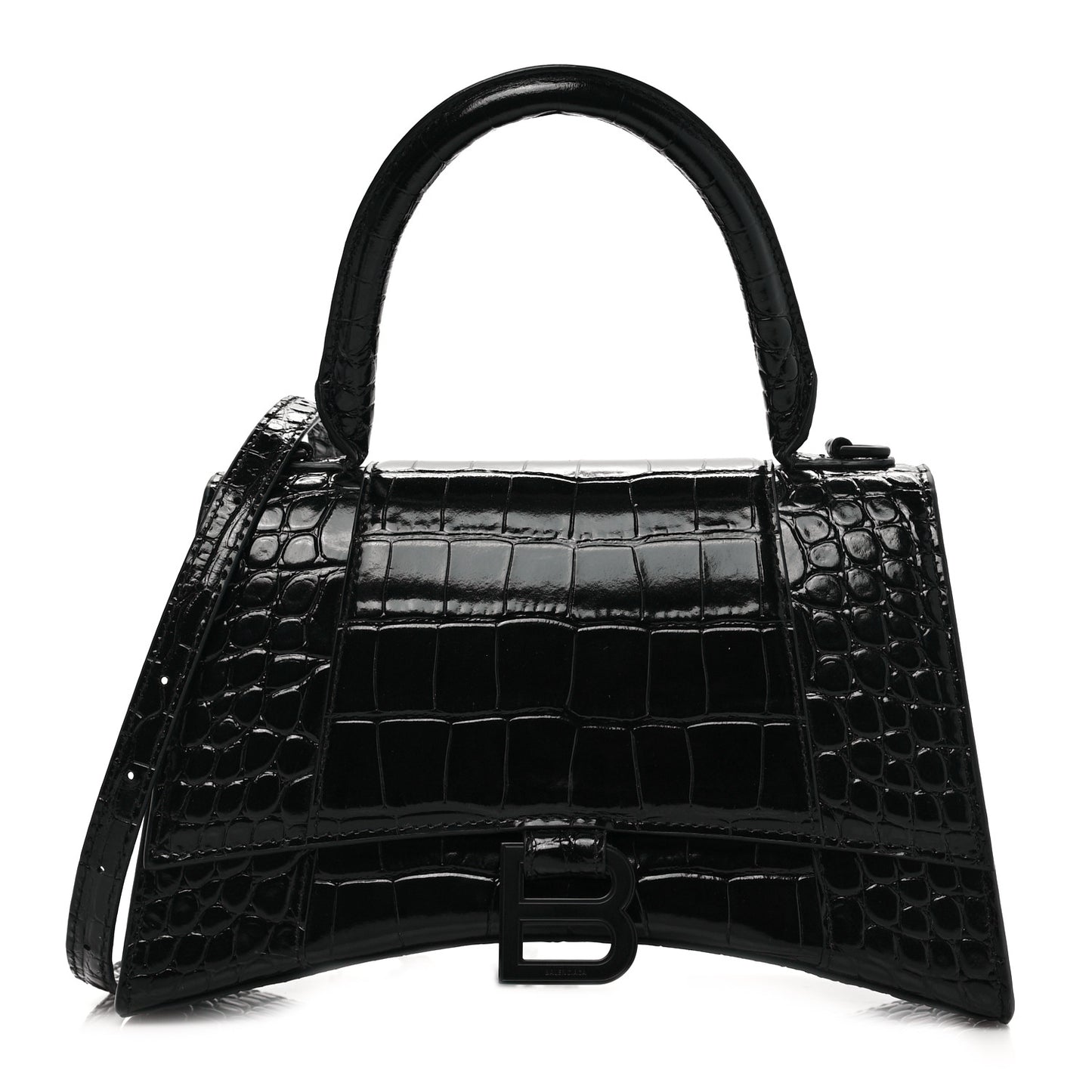Shiny Calfskin Monochrome Crocodile Embossed Small Hourglass Top Handle Bag Black
